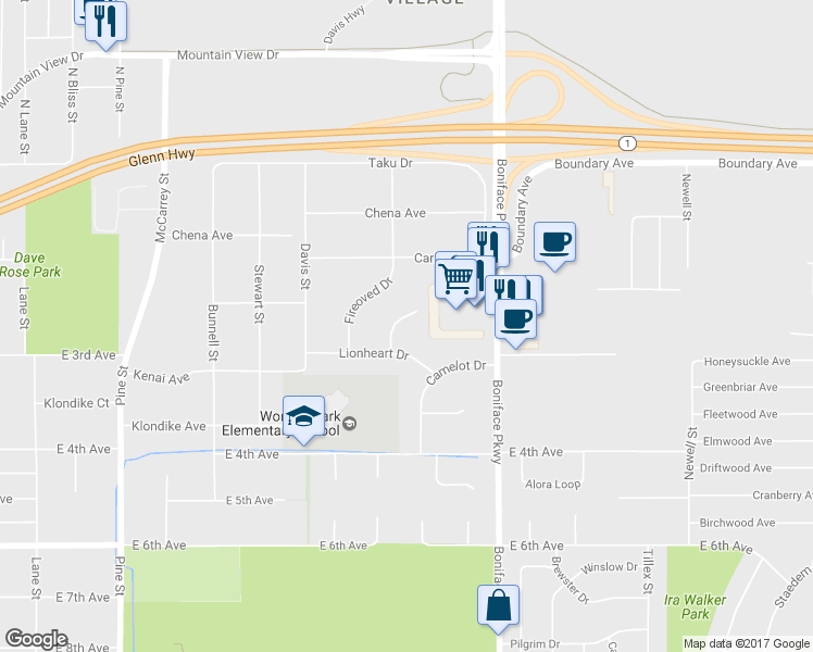 map of restaurants, bars, coffee shops, grocery stores, and more near 5309 Lionheart Drive in Anchorage
