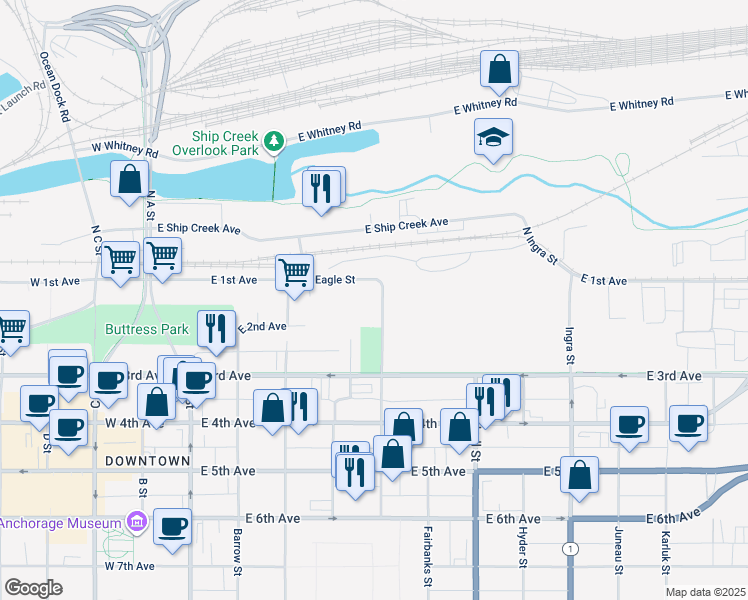 map of restaurants, bars, coffee shops, grocery stores, and more near 140 Eagle Street in Anchorage