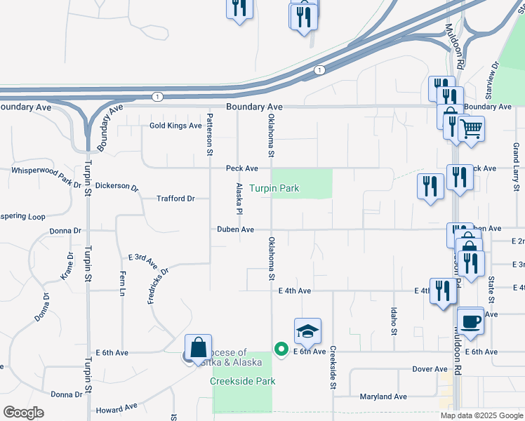 map of restaurants, bars, coffee shops, grocery stores, and more near 250 Oklahoma Street in Anchorage