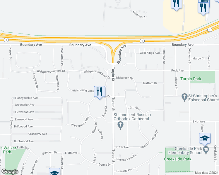 map of restaurants, bars, coffee shops, grocery stores, and more near 6658 Whispering Loop in Anchorage