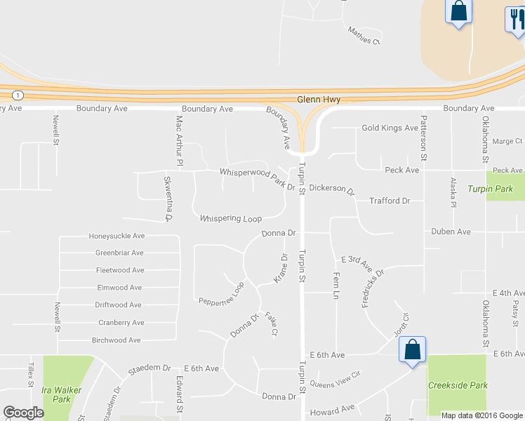 map of restaurants, bars, coffee shops, grocery stores, and more near 6581 Whispering Loop in Anchorage