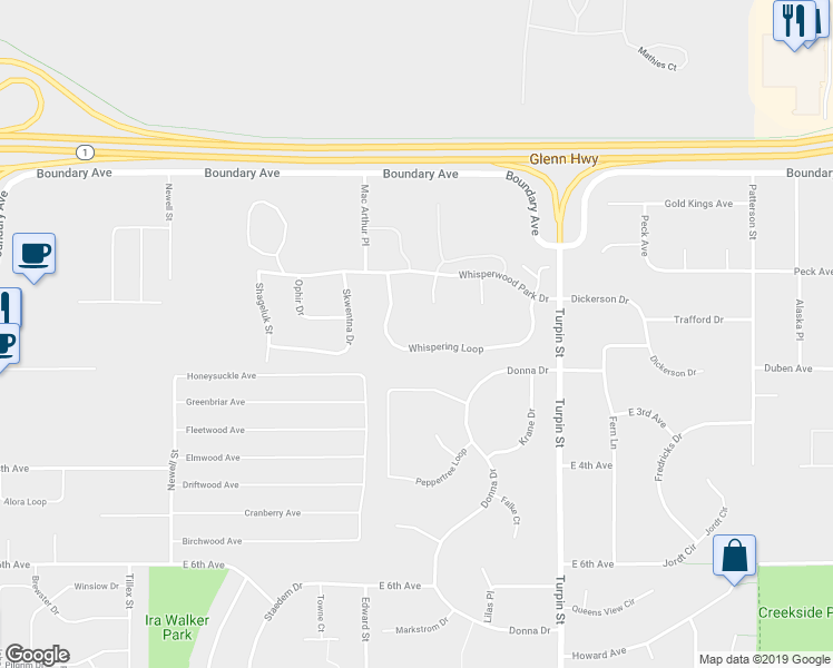 map of restaurants, bars, coffee shops, grocery stores, and more near 6457 Whispering Loop in Anchorage