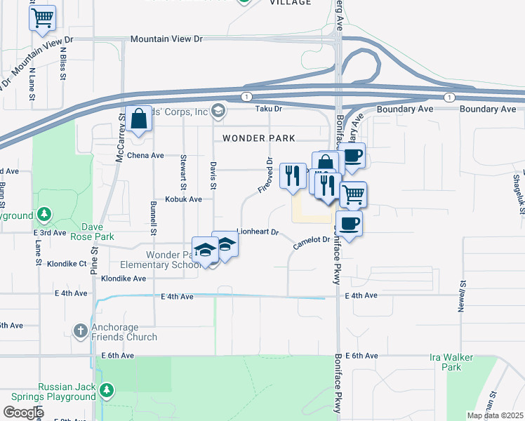 map of restaurants, bars, coffee shops, grocery stores, and more near 5309 Lionheart Drive in Anchorage