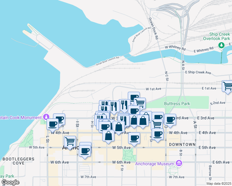 map of restaurants, bars, coffee shops, grocery stores, and more near 704 West 2nd Avenue in Anchorage