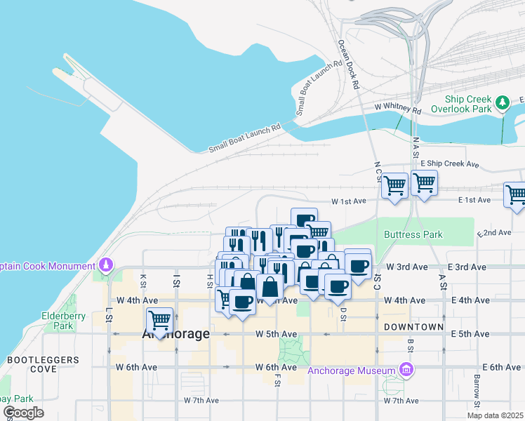 map of restaurants, bars, coffee shops, grocery stores, and more near 704 West 2nd Avenue in Anchorage