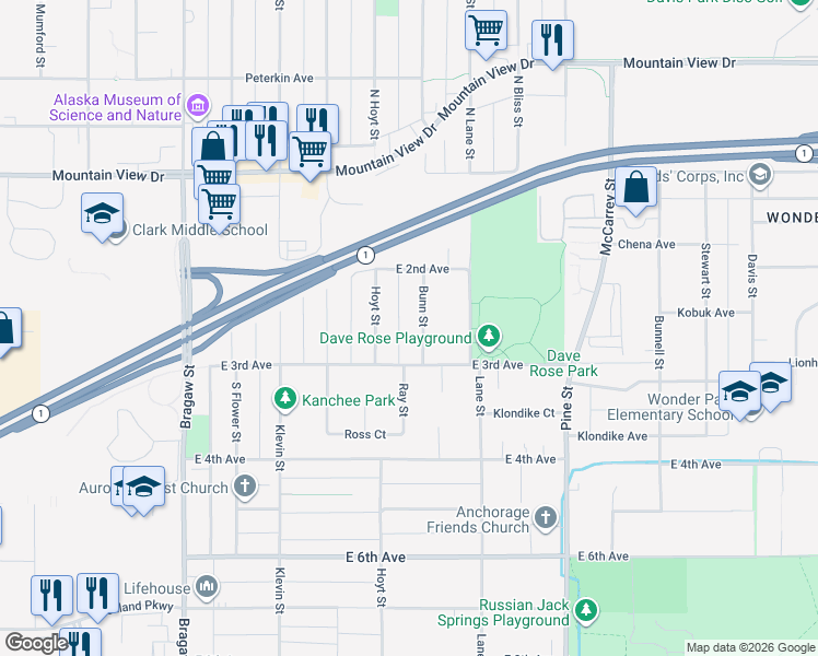 map of restaurants, bars, coffee shops, grocery stores, and more near 275 Bunn Street in Anchorage