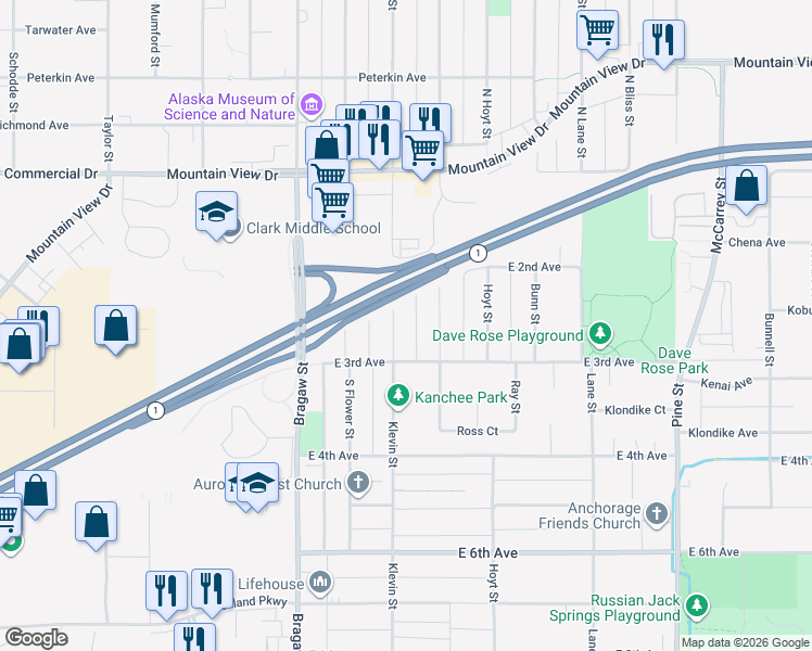 map of restaurants, bars, coffee shops, grocery stores, and more near 274 Park Street in Anchorage