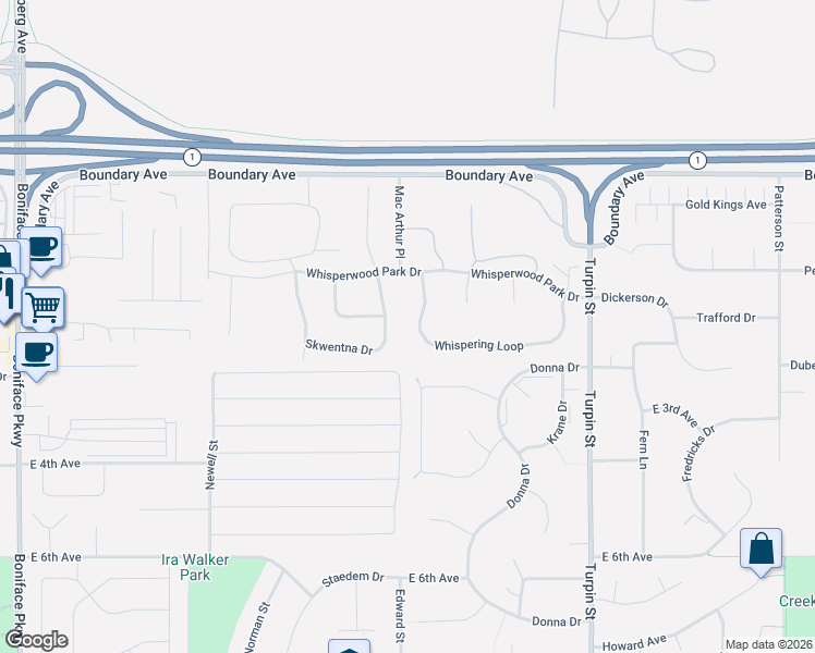 map of restaurants, bars, coffee shops, grocery stores, and more near 6398 Whispering Loop in Anchorage