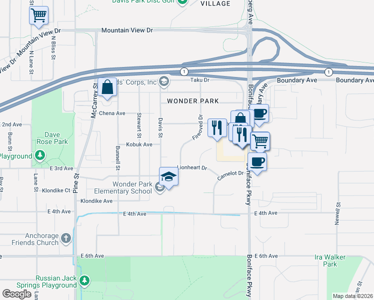 map of restaurants, bars, coffee shops, grocery stores, and more near 331 Fireoved Drive in Anchorage