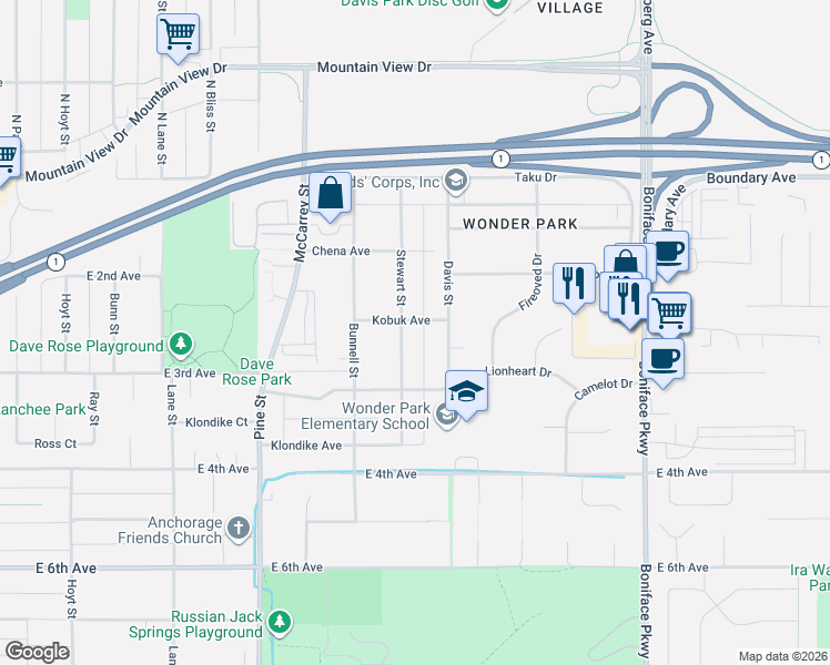 map of restaurants, bars, coffee shops, grocery stores, and more near 305 Stewart Street in Anchorage