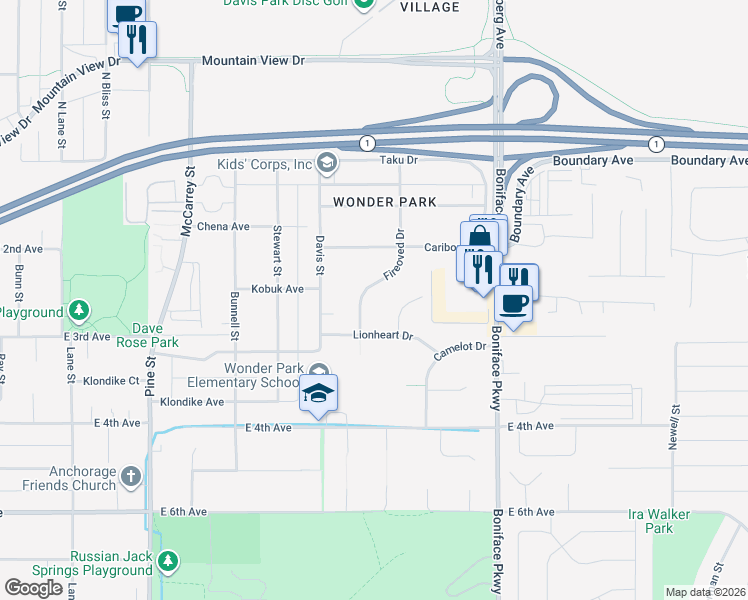 map of restaurants, bars, coffee shops, grocery stores, and more near 331 Fireoved Drive in Anchorage