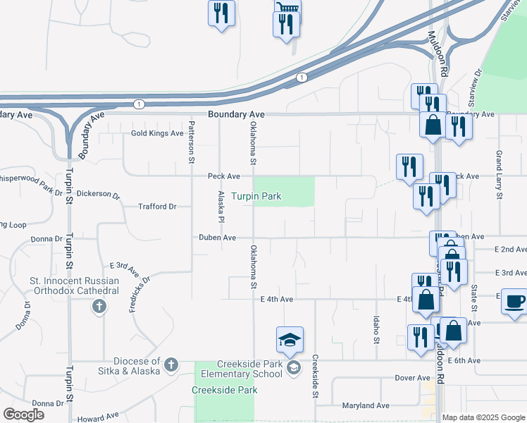 map of restaurants, bars, coffee shops, grocery stores, and more near 249 Oklahoma Street in Anchorage