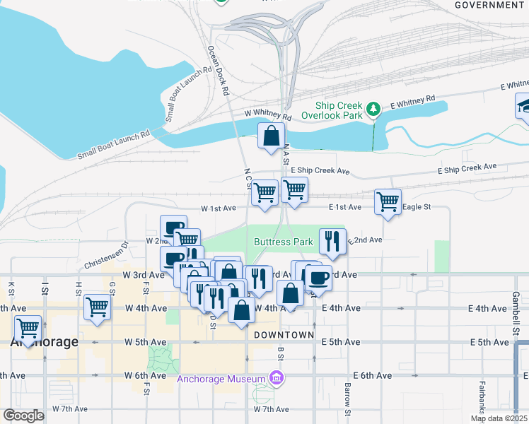 map of restaurants, bars, coffee shops, grocery stores, and more near 4 West 1st Avenue in Anchorage