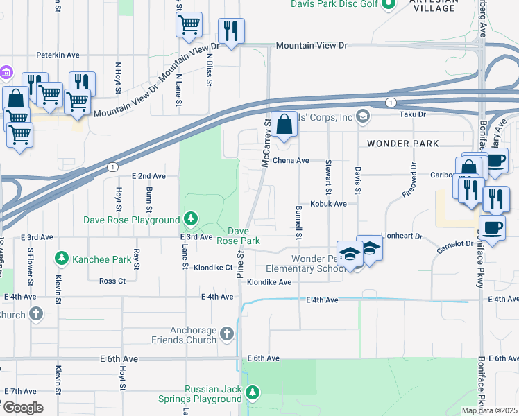 map of restaurants, bars, coffee shops, grocery stores, and more near 261 McCarrey Street in Anchorage