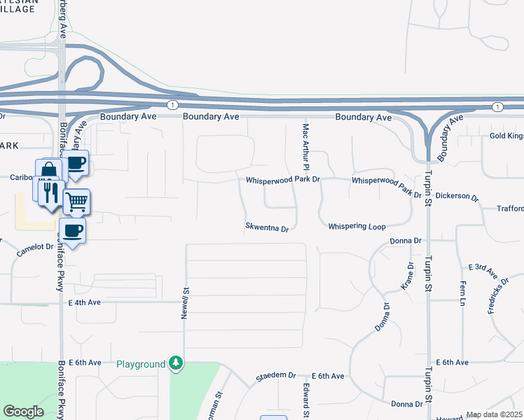 map of restaurants, bars, coffee shops, grocery stores, and more near 377 Skwentna Drive in Anchorage
