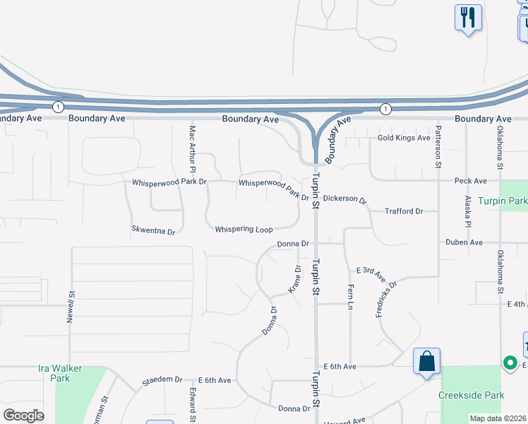 map of restaurants, bars, coffee shops, grocery stores, and more near 290 Whisper Ridge Circle in Anchorage