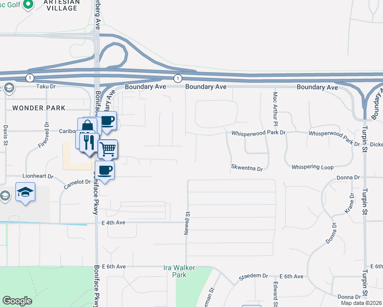 map of restaurants, bars, coffee shops, grocery stores, and more near 5900-6298 Honeysuckle Ave in Anchorage