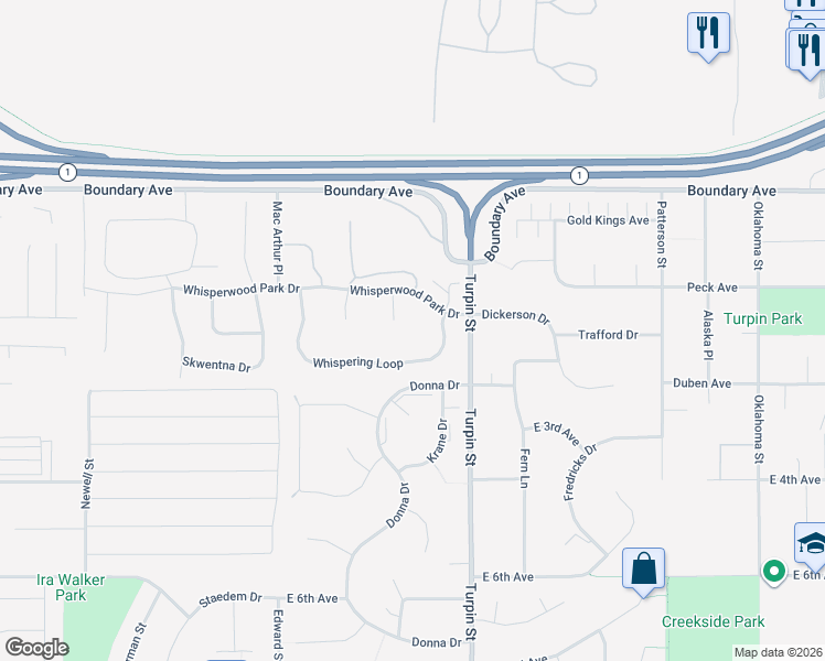 map of restaurants, bars, coffee shops, grocery stores, and more near 6581 Whispering Loop in Anchorage