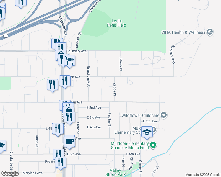 map of restaurants, bars, coffee shops, grocery stores, and more near 212 Zappa Place in Anchorage