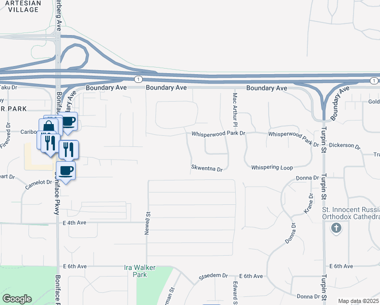 map of restaurants, bars, coffee shops, grocery stores, and more near Shageluk Street in Anchorage