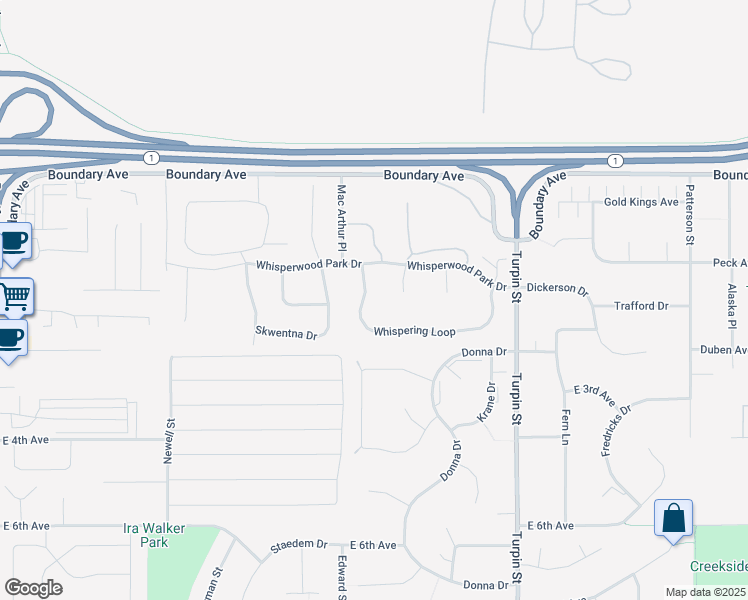 map of restaurants, bars, coffee shops, grocery stores, and more near 6457 Whispering Loop in Anchorage