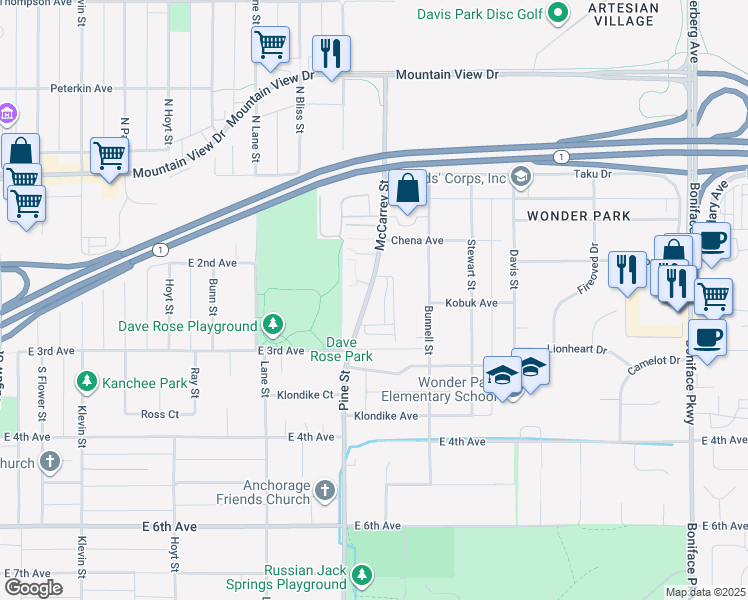map of restaurants, bars, coffee shops, grocery stores, and more near 261 McCarrey Street in Anchorage