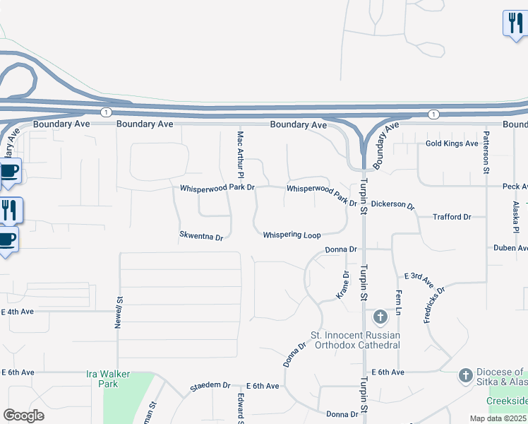 map of restaurants, bars, coffee shops, grocery stores, and more near 6345 Whispering Loop in Anchorage