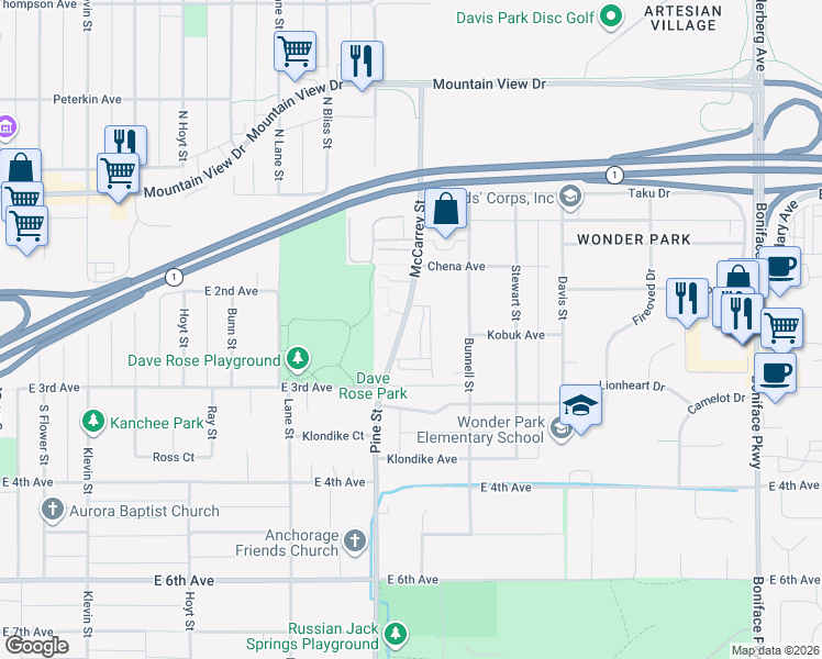 map of restaurants, bars, coffee shops, grocery stores, and more near 251 McCarrey Street in Anchorage