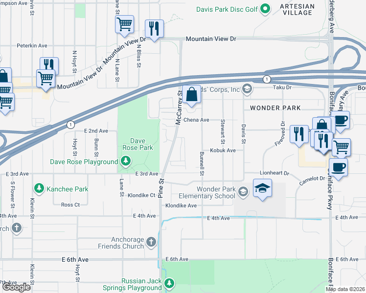 map of restaurants, bars, coffee shops, grocery stores, and more near 231 McCarrey Street in Anchorage