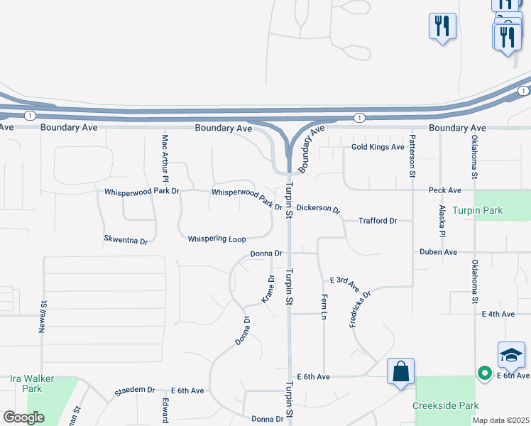 map of restaurants, bars, coffee shops, grocery stores, and more near 6695 Whispering Loop in Anchorage