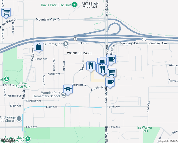 map of restaurants, bars, coffee shops, grocery stores, and more near 302 Lionheart Court in Anchorage
