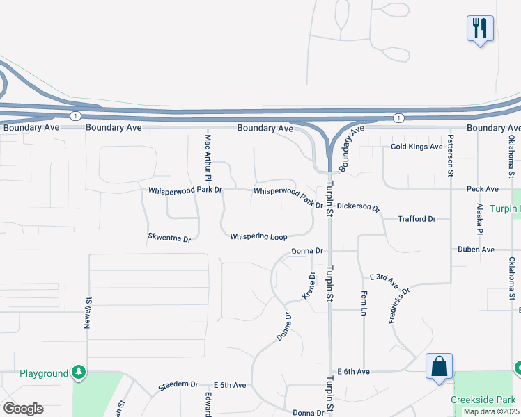 map of restaurants, bars, coffee shops, grocery stores, and more near 255 Whisper Knoll Circle in Anchorage