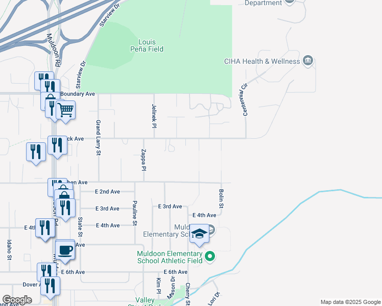 map of restaurants, bars, coffee shops, grocery stores, and more near 8441 Peck Avenue in Anchorage