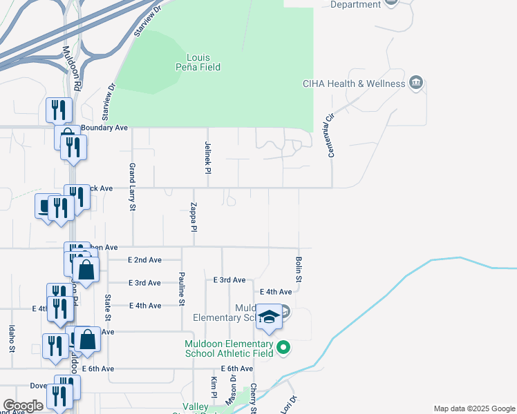 map of restaurants, bars, coffee shops, grocery stores, and more near 8441 Peck Avenue in Anchorage