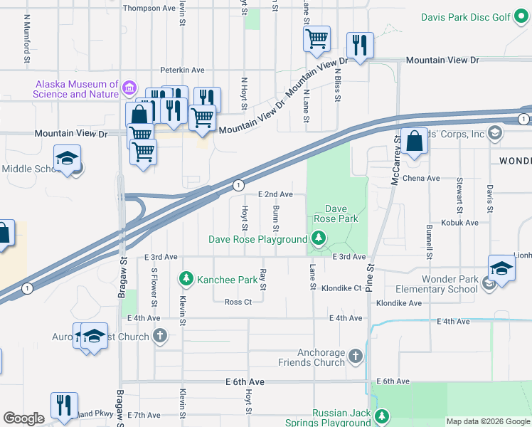 map of restaurants, bars, coffee shops, grocery stores, and more near 4349 East 2nd Avenue in Anchorage