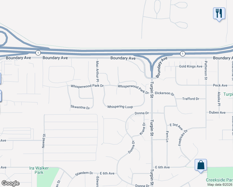 map of restaurants, bars, coffee shops, grocery stores, and more near 200 Whisper Knoll Circle in Anchorage