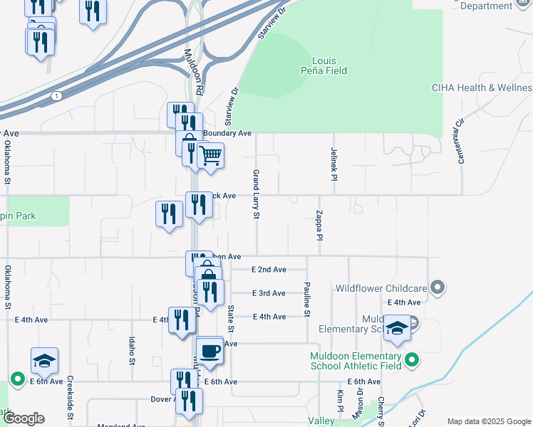 map of restaurants, bars, coffee shops, grocery stores, and more near 227 Grand Larry Street in Anchorage