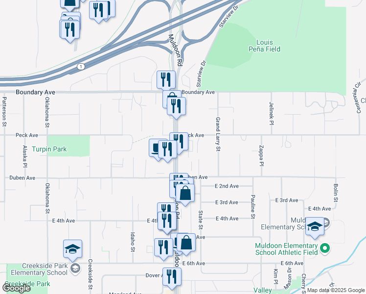 map of restaurants, bars, coffee shops, grocery stores, and more near 207 Muldoon Road in Anchorage