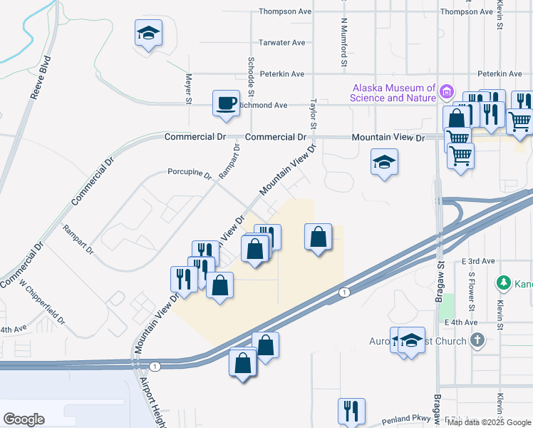 map of restaurants, bars, coffee shops, grocery stores, and more near 3337 Mountain View Drive in Anchorage