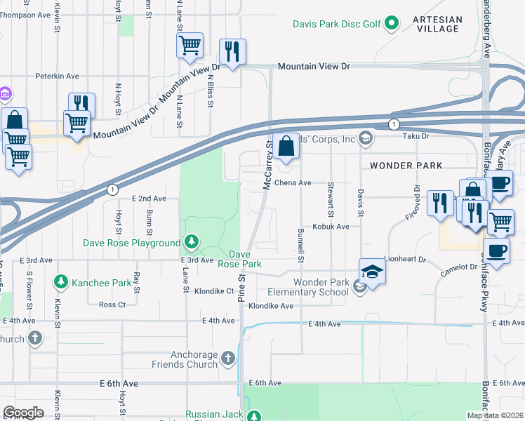 map of restaurants, bars, coffee shops, grocery stores, and more near 201 McCarrey Street in Anchorage