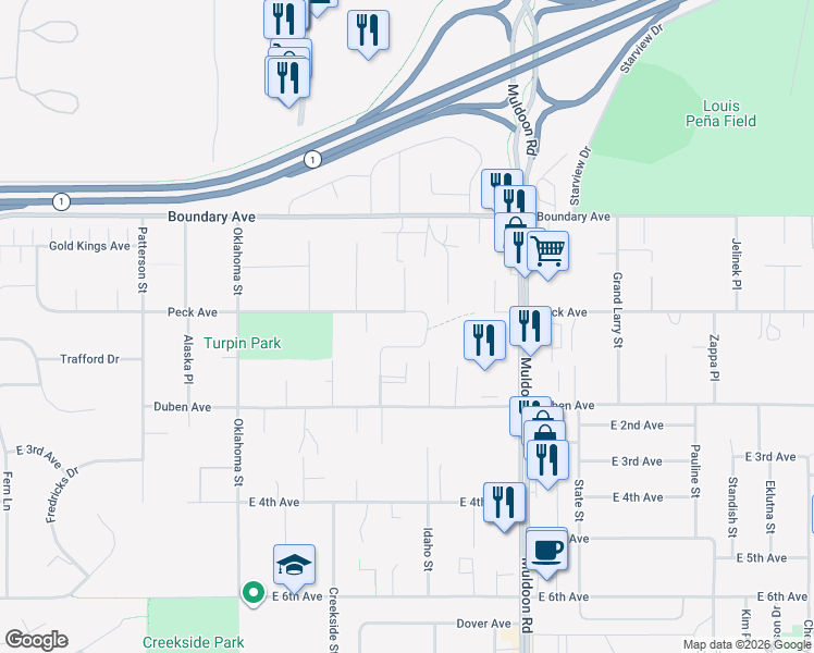 map of restaurants, bars, coffee shops, grocery stores, and more near 177 Michael Court in Anchorage
