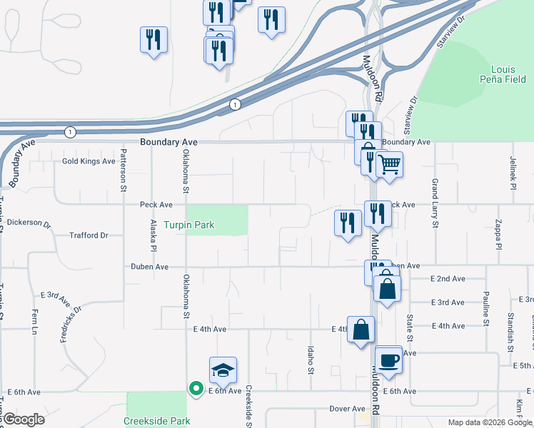 map of restaurants, bars, coffee shops, grocery stores, and more near 178 Dean Place in Anchorage
