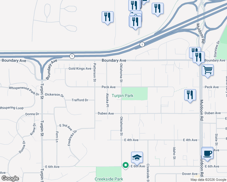 map of restaurants, bars, coffee shops, grocery stores, and more near 170 Oklahoma Street in Anchorage