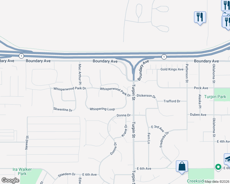map of restaurants, bars, coffee shops, grocery stores, and more near 6501 Kara Sue Loop in Anchorage