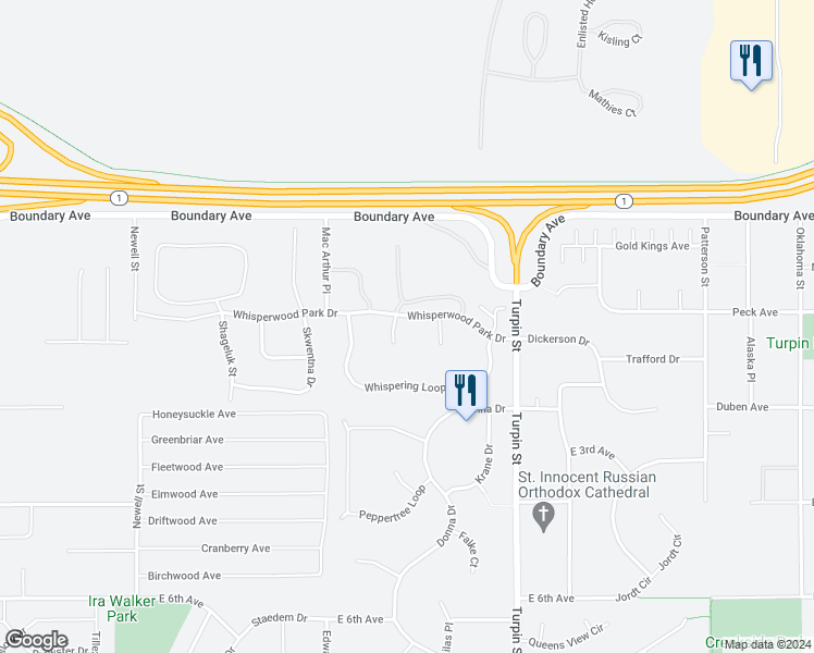 map of restaurants, bars, coffee shops, grocery stores, and more near 179 Rusty Allen Place in Anchorage