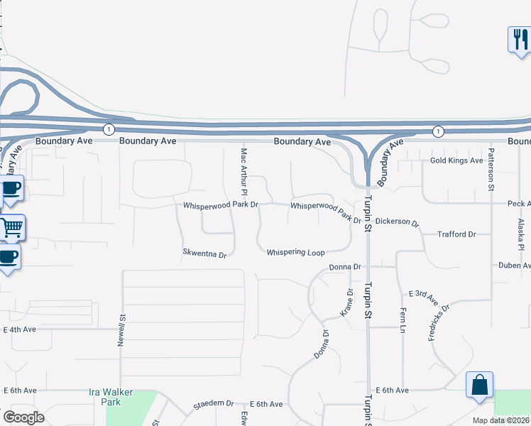 map of restaurants, bars, coffee shops, grocery stores, and more near 200 Whisper Knoll Circle in Anchorage