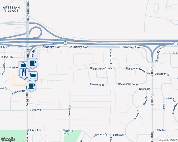 map of restaurants, bars, coffee shops, grocery stores, and more near 201 Skwentna Drive in Anchorage