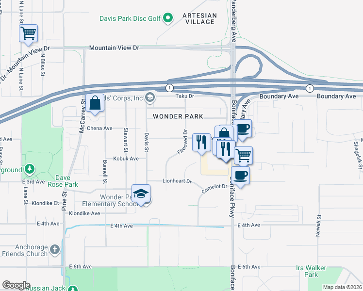 map of restaurants, bars, coffee shops, grocery stores, and more near 173 Fireoved Drive in Anchorage