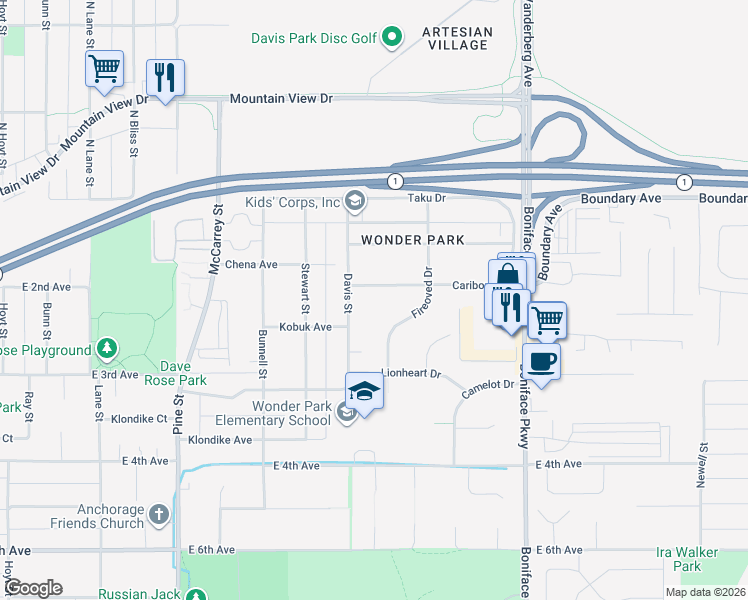 map of restaurants, bars, coffee shops, grocery stores, and more near 205 Davis Street in Anchorage
