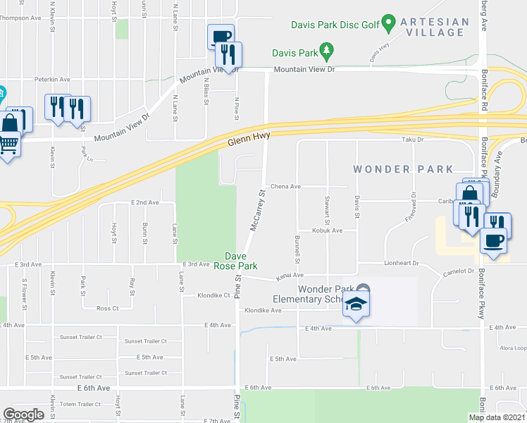 map of restaurants, bars, coffee shops, grocery stores, and more near 201 McCarrey Street in Anchorage
